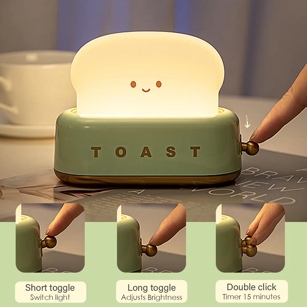 Bread Toast Cartoon LED Night Light Cute Home Decor Kawaii Bread Table Lamps Night Portable Light with Timer Tiny Lamp Rgb lamp