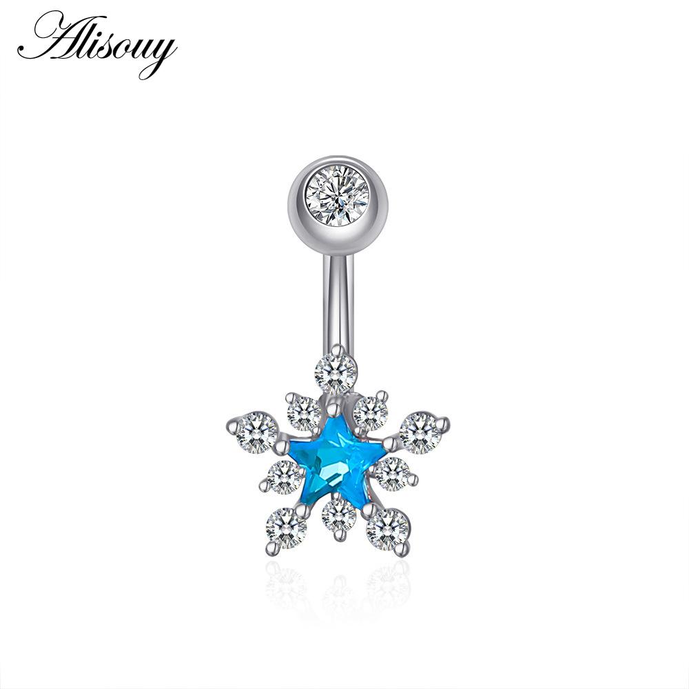 Alisouy 1pc Zircon Sexy Long Belly Ring Star Sun Moon Heart Navel Piercing Surgical Steel Women Belly Button Ring Navel Jewelry