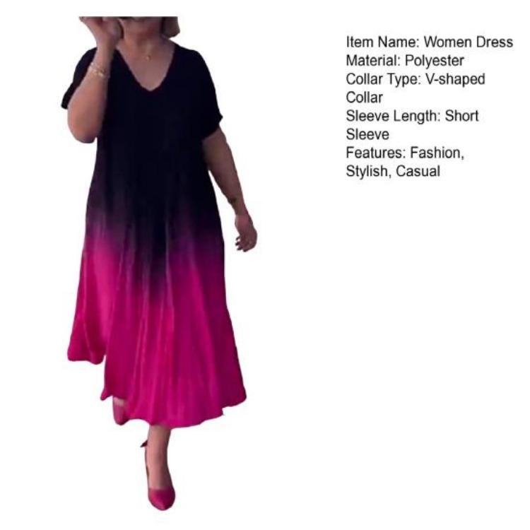 Summer Plus Size Gradient Maxi Dress for Women Loose Long V-neck Short Sleeve A-line Flowy Casual Dress