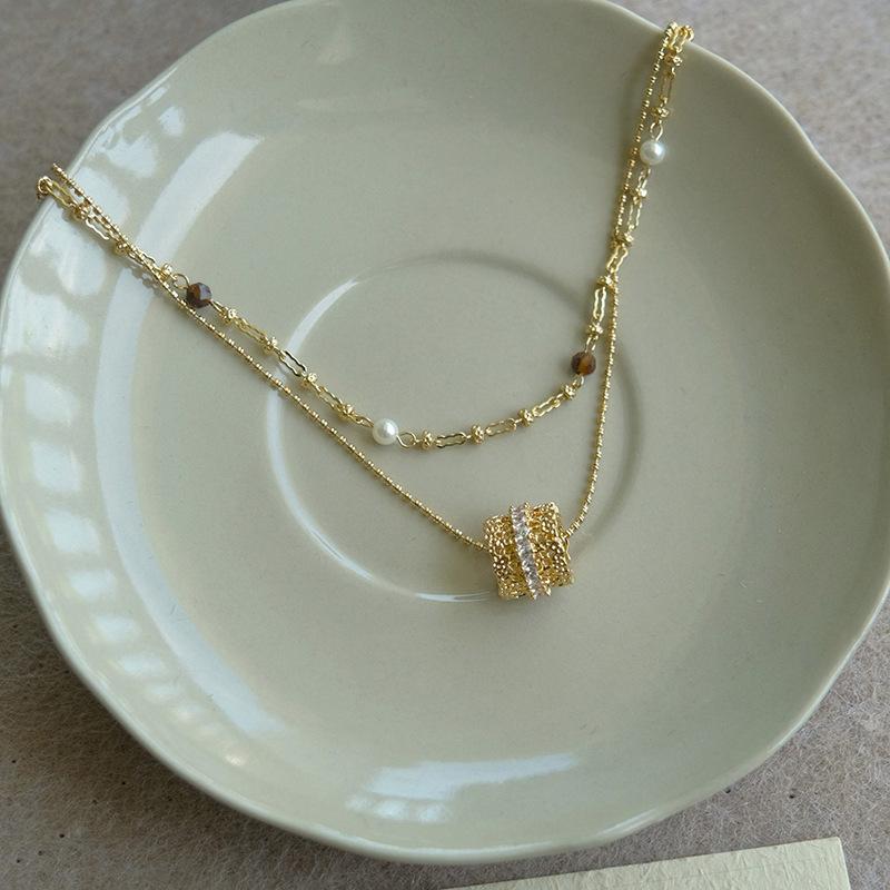 Super Sparkling Zircon Tiger Eye Stone Pearl Beaded Double Layer Clavicle Chain Retro Palace Style Necklace