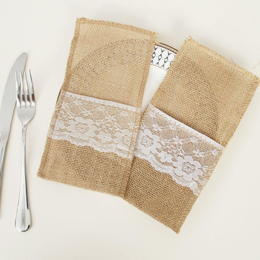 Lace Trim Tableware Storage Bag Linen Fabric Table Decoration Accessories  For Table Decorations