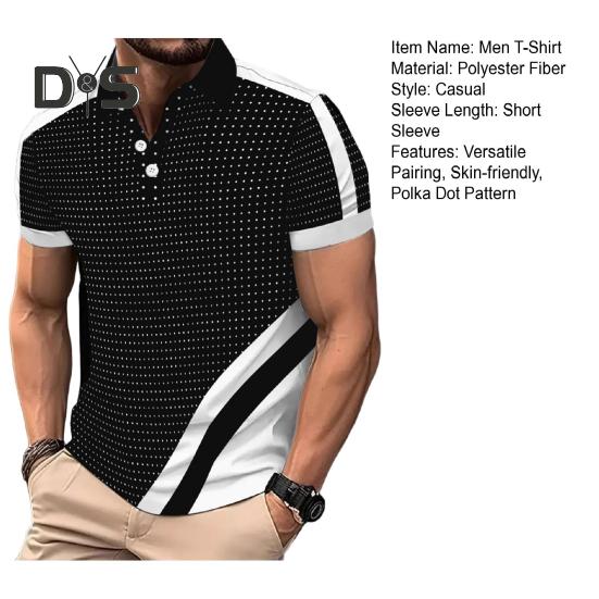 Men's Lapel T-Shirt Slim Fit Polka Dot Polyester Tee Shirt Color Block Summer Casual Short Sleeve Top for Daily Wear Sports Street