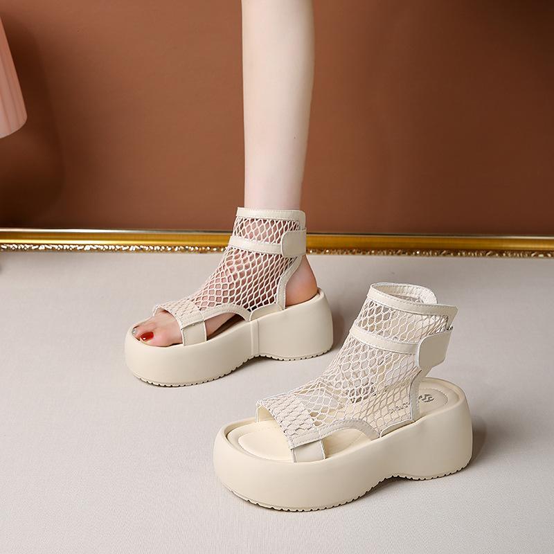 Niche Woven Hollow Fishing Mesh Shoes Thick-soled Muffin High-top Sandals Small Cold Boots Women's Shoes
