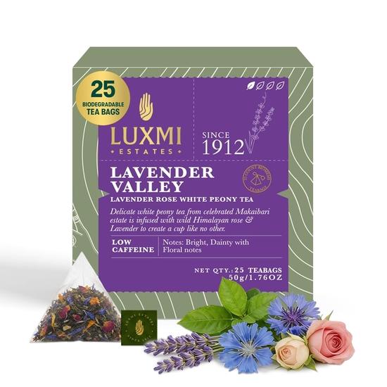 LUXMI Estates Lavender Valley White Tea 25 Tea Bags|100% Fresh And Organic Tea|Mood Fixer,Low - Caffeine|For Good Sleep,|Rich In Antioxidant