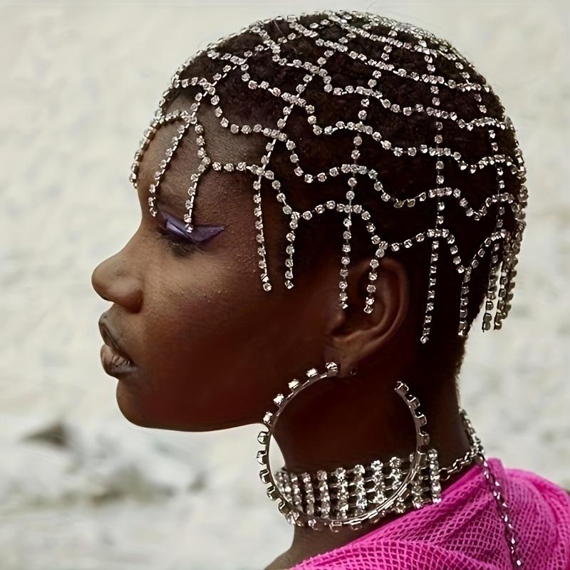Rhinestone Hair Net Hollow Out Chain Cap Metal Sparkly Tassel Hair Jewelry For Women Girls