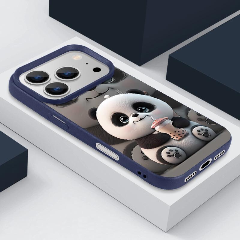 Case For iPhone 17 Pro Max Milk Tea-drinking Panda Pattern Leather Texture Soft Silicone Cover For Funda iPhone 16 Pro Max 15 14 13 12 11 Air 16E