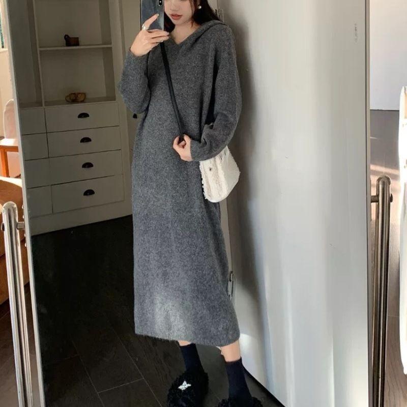 Casual Versatile Autumn and Winter New High-end Design Hooded Sweater Knitted Loose Sweater Loose Dress