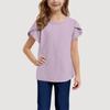 Girls' Cotton Linen Casual Short-Sleeve Top, Solid Color, Round Neck - 2025 Summer Collection