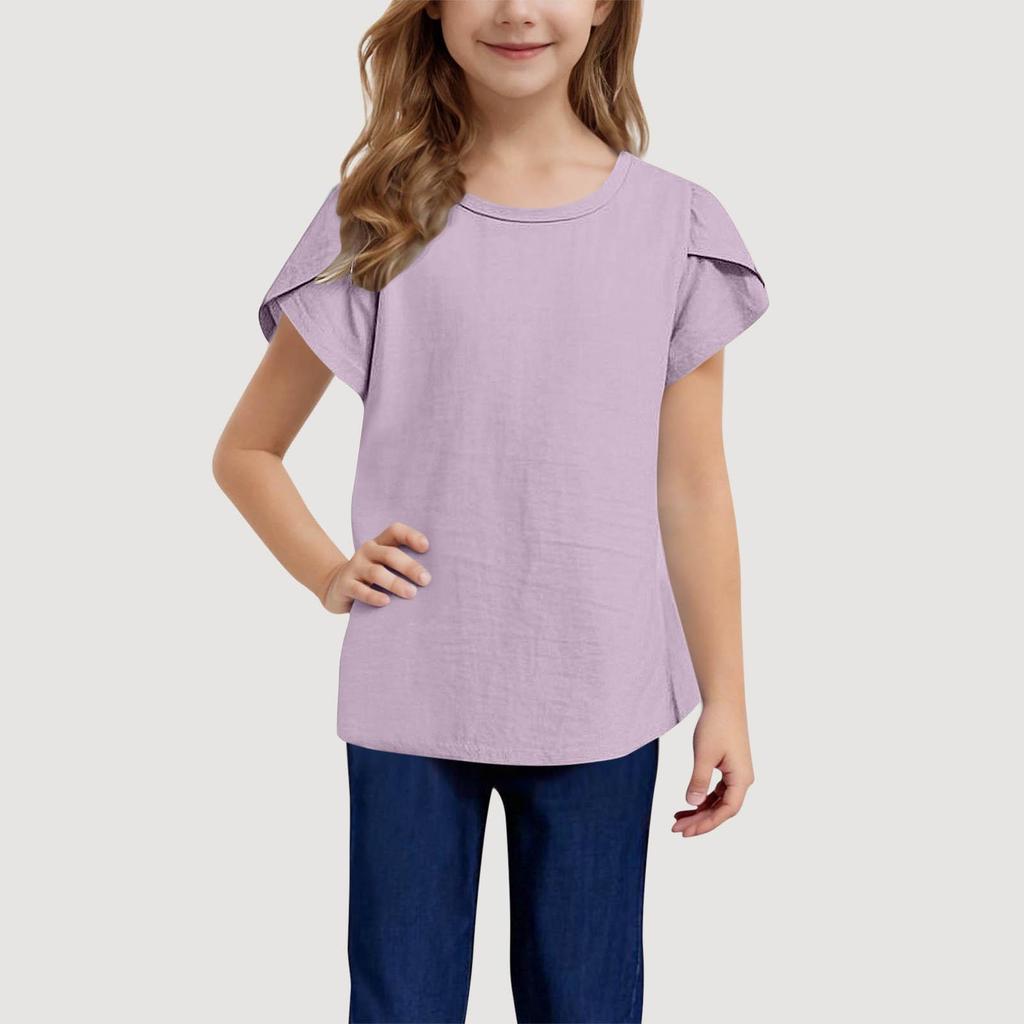 Girls' Cotton Linen Casual Short-Sleeve Top, Solid Color, Round Neck - 2025 Summer Collection