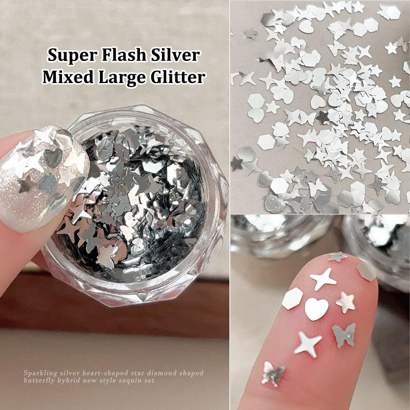 1 Jar Shiny Silver Sequins Mix Shapes Starlight Love Butterfly Star Slice Nail Art Stickers Decals Manicure Paillette Charms