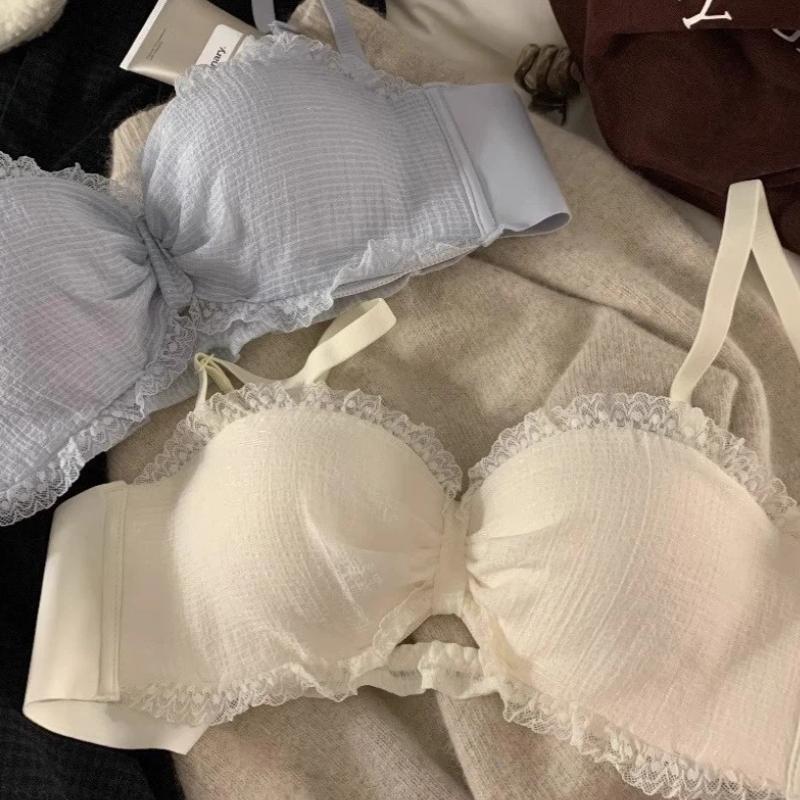 Women Light Blue Textured Lace Bra with Bow Detail and Adjustable Straps