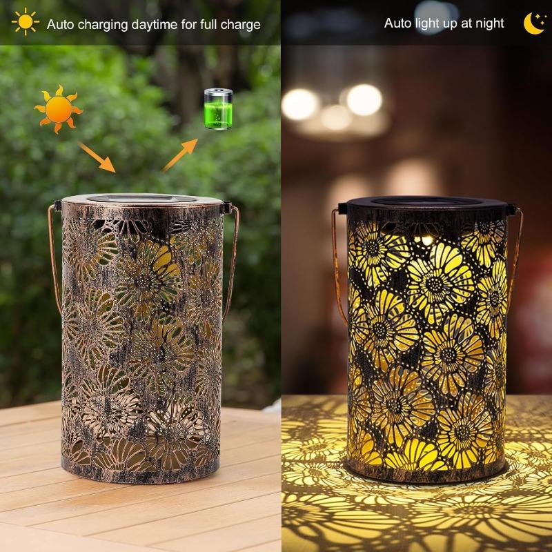 2026 New Vintage Daisy Projection Solar Lantern - Rustic Iron LED Lamp, Waterproof Hanging Decor for Garden, Patio & Yard