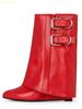 Fashion Black/white/red Leather Mid-Calf/knee-High Boots 2025 New Wedges Shark Boots Metal Belt Buckle Latest Catwalk Fashion Boots