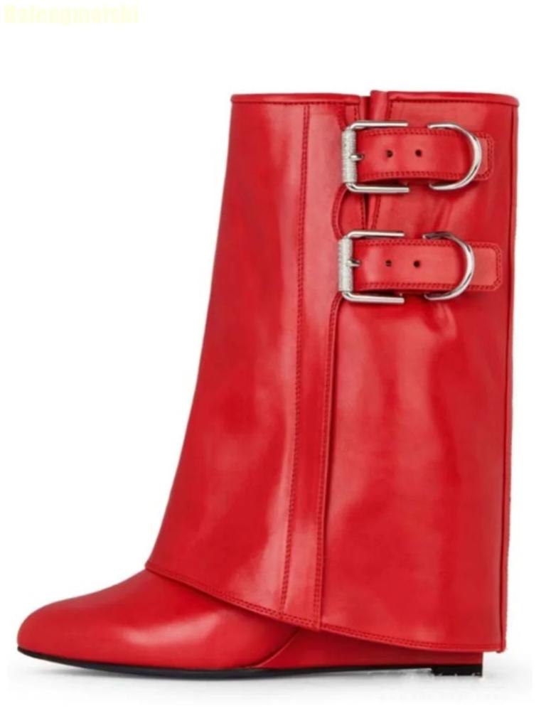 Black/white/red Leather Mid-Calf/knee-High Boots 2025 New Wedges Shark Boots Metal Belt Buckle Latest Catwalk Boots