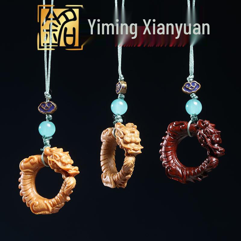 Red & Green Sandalwood Dragon Ring Phone Chain Pendant - Zodiac Dragon Backpack Charm