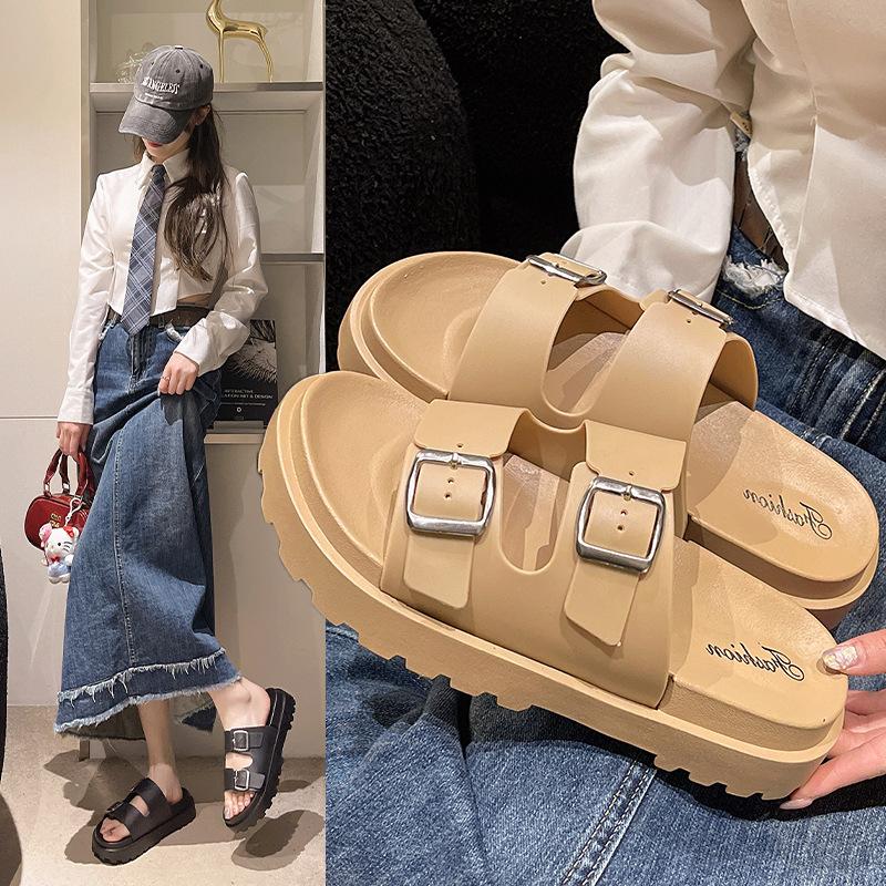 Black Double Buckle Platform Slide Sandals – Chunky Adjustable Summer Footwear, Casual Chic for Men Women