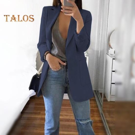 Women Suit Coat Lapel Long Sleeve Open Front Suit Jacket Solid Color Big Pockets Commuting Style Casual Business Outwear