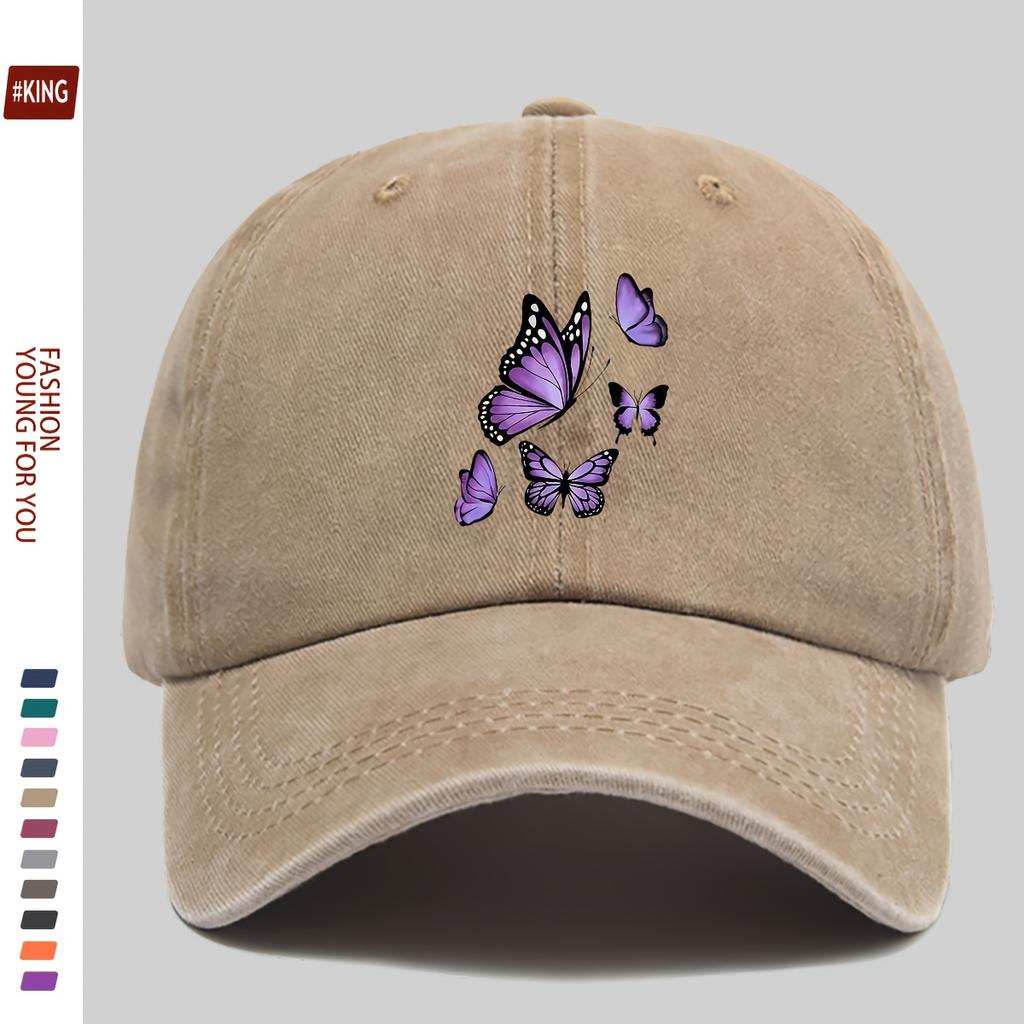 New Simple Versatile Butterfly Print Washed Vintage Soft Top Sunshade Baseball Cap Unisex Baseball Cap