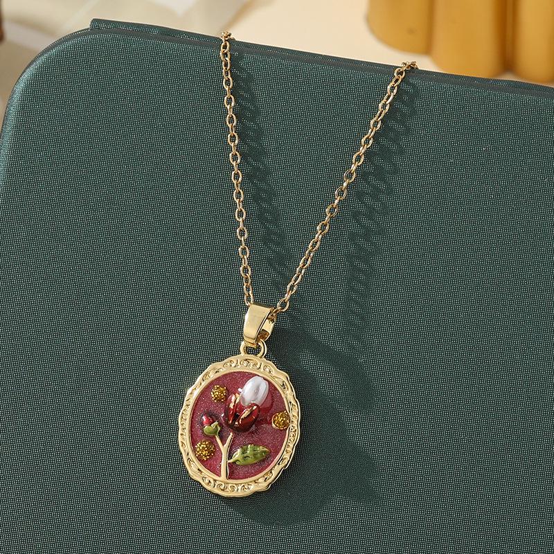 Monet-Inspired Flower Pendant Necklace, Hand-Painted, High-End Stainless Steel Clavicle Chain, New Chinese Style