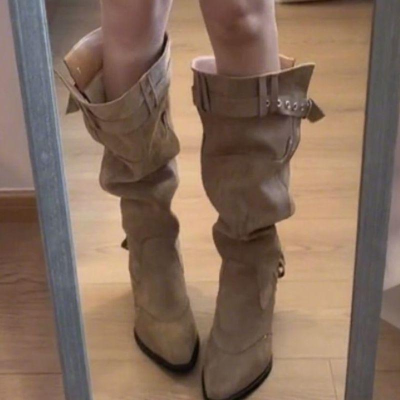 Retro Fashion Pointed Thick Heel Boots Women's 2025 New Autumn Versatile Thin Belt Buckle Stacked Boots