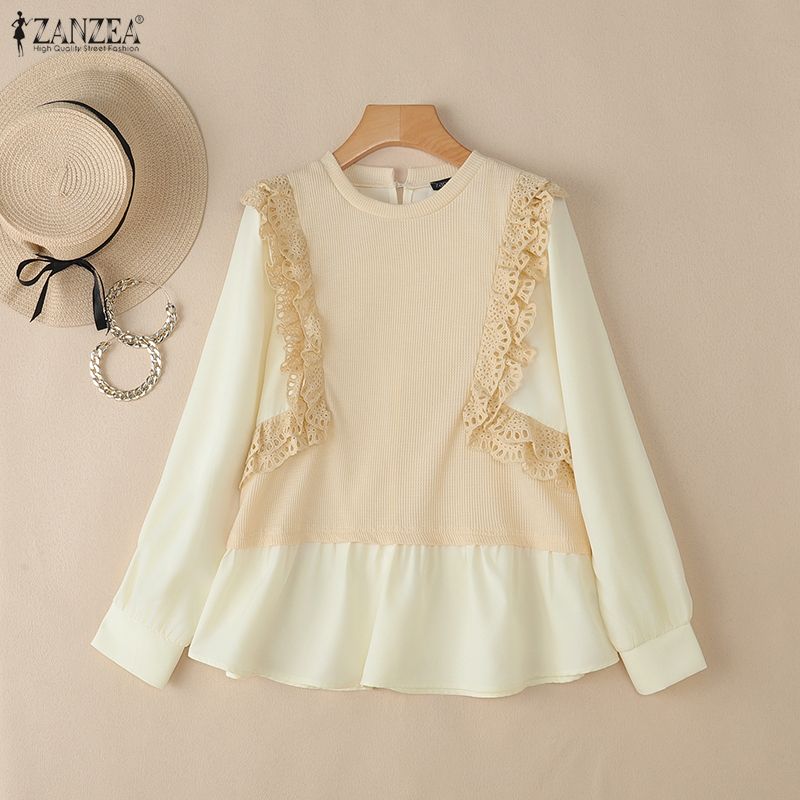 ZANZEA Women Casual Round Neck Long Sleeve Loose Patchwork Blouse