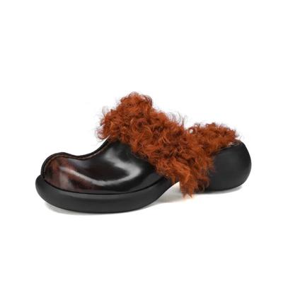 Mode Vintage Poils/laine de Lapin Automne et Hiver Pantoufles en Peluche Mode Femme Noir Marron Chaud Extérieur Talon Haut Chaussures en Coton