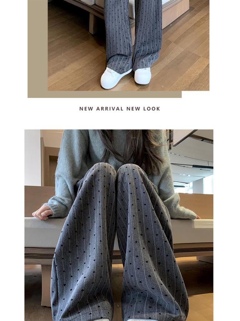 2025 Women's Khaki Polka Dot Striped Wide-Leg Pants - Spring & Autumn Relaxed Fit