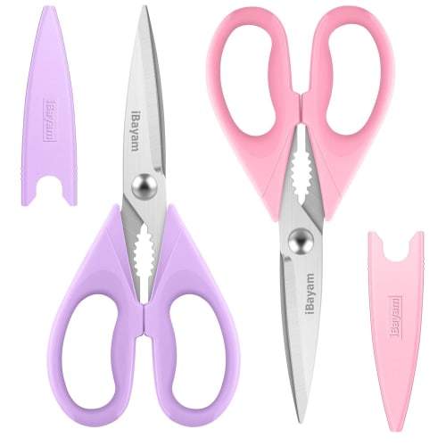 

iBayam Purple Kitchen Scissors, Multi-Purpose Heavy-Duty Meat and Chicken Shears, Dishwasher Safe, Stainless Steel, 2-Pack, Pastel Pink and Soft Purpl