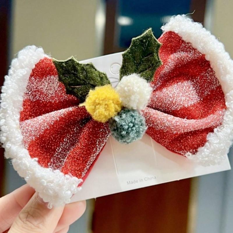 

1 шт. Рождественская свежая заколка-бант-бабочка, в сочетании с шариком из овечьей шерсти, милые рождественские аксессуары для волос