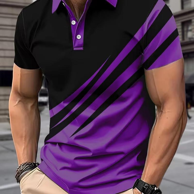Fashion Men'S Polo Shirt 3D Geometric Stripe Pattern Summer Short Sleeve TShirts Casual Daily Lapel Tops Tees Striped T Shirt Man Clothing