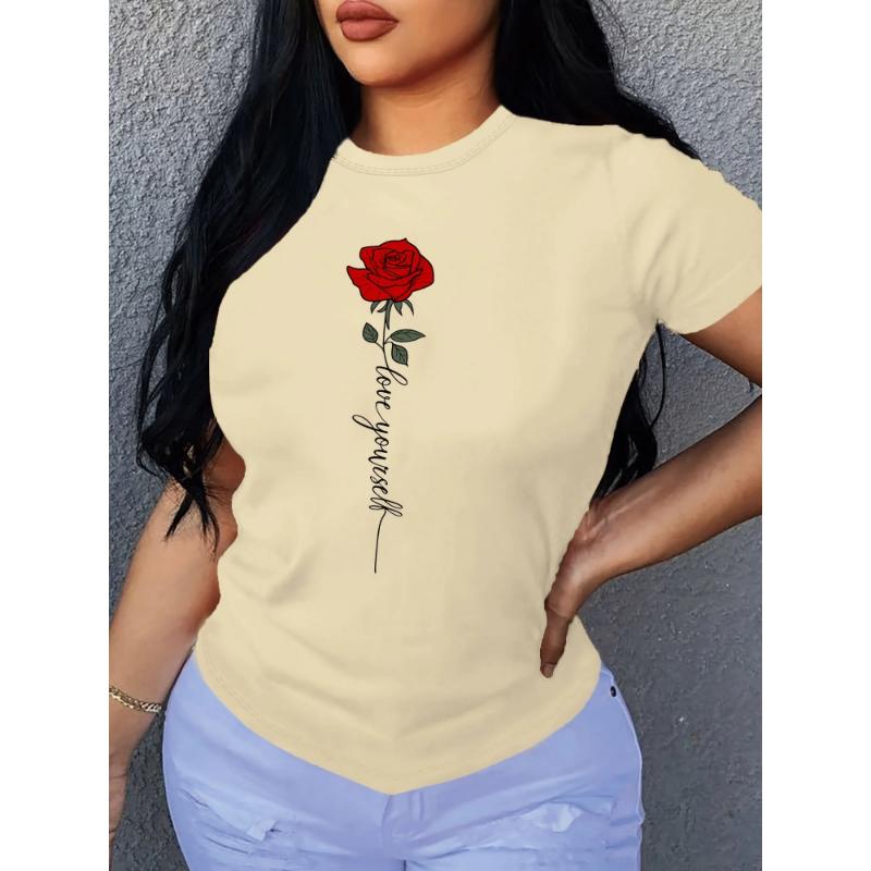 

Футболка с принтом «Письмо и роза», футболка с круглым вырезом и коротким рукавом, повседневные топы на каждый день, женская одежда XS