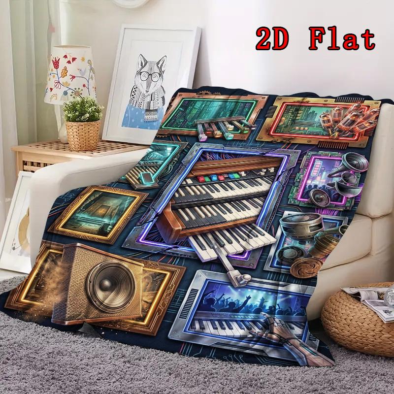 Cyberpunk Music Instruments 2D Flat Pattern Flannel Blanket, High Quality All Seasons, Home Decor, Warmth and Comfort, Perfect for Christmas Gifts.