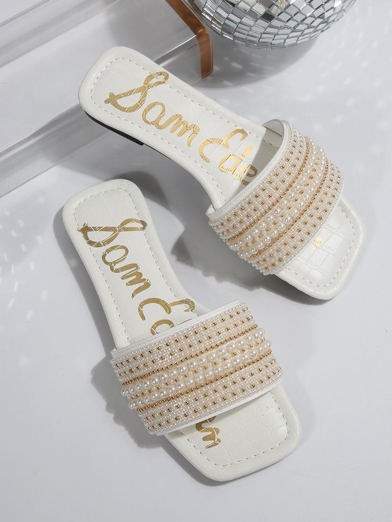 [Foreign Trade] Large Size Open-toed Pearl Flat-bottomed Slippers Women's Summer Wear Fashion Square Head Solid Color Thick-bottomed Slippers
