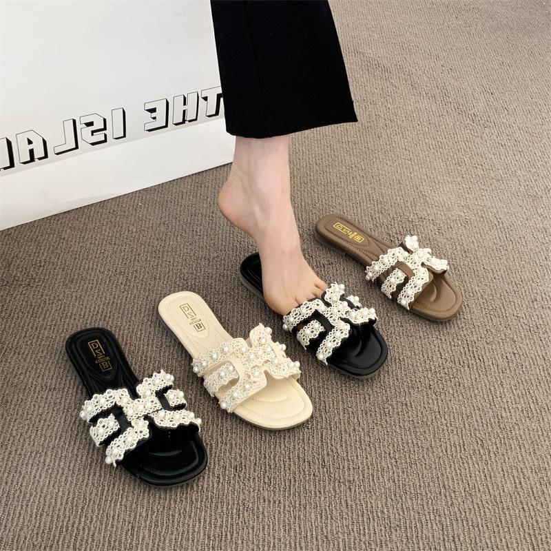 French Pearl Slippers Summer Fairy Shoes Fashionable Flat Anti-slip Slippers