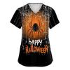 Women V Neck Short Sleeve Work Shirt Double Side Slit with Pockets Halloween Print Top Casual Comfortable Fit