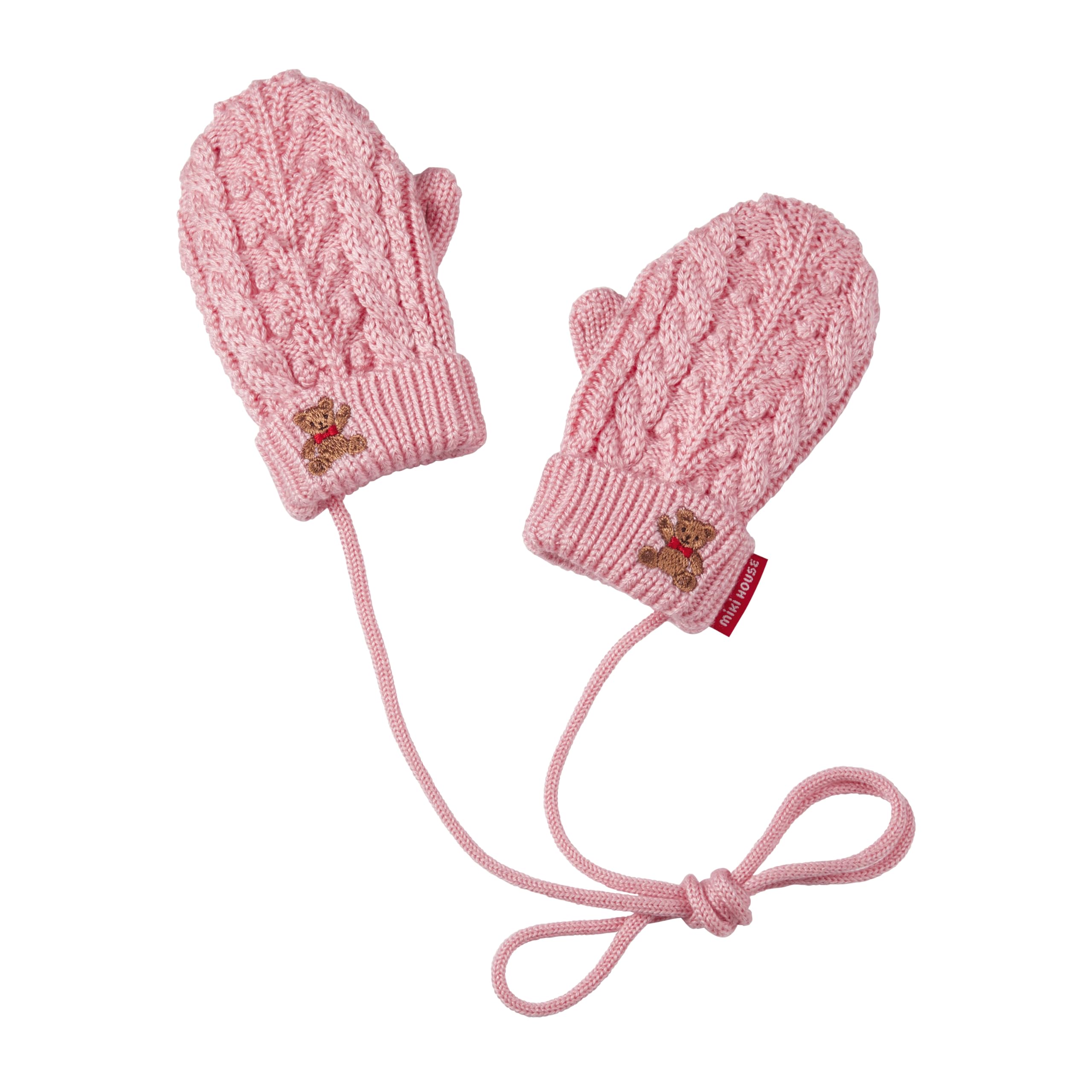 

MIKI HOUSE Knitted Mittens with Bear Solid Cable Made in for Boys and Size S Drawstring, Design, Color, Knit, Japan, Girls, Baby, Kids, Children s розовый