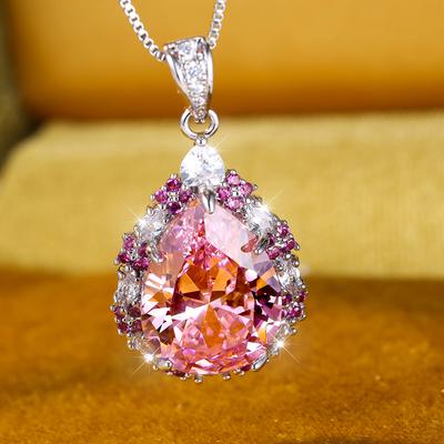 Luxury Crystal Big Pink Water Drop Pendant Necklace for Women Cute Wedding Jewelry