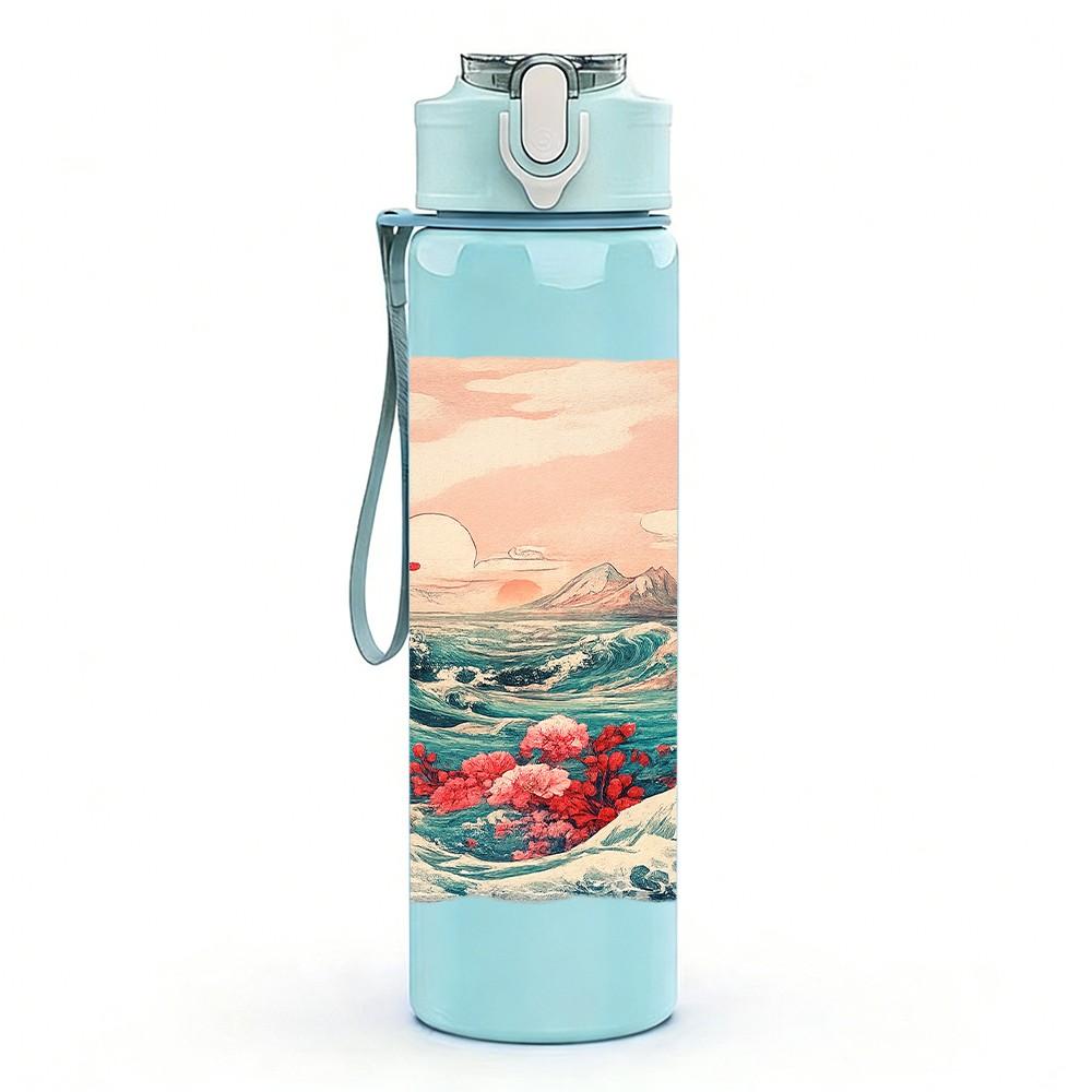 1PC Ocean Wave Mountain Watercolor Print 750ml Color Plastic Sports Water Bottle Leakproof Flip Straw Lid Suitable for Sports Office Home Use