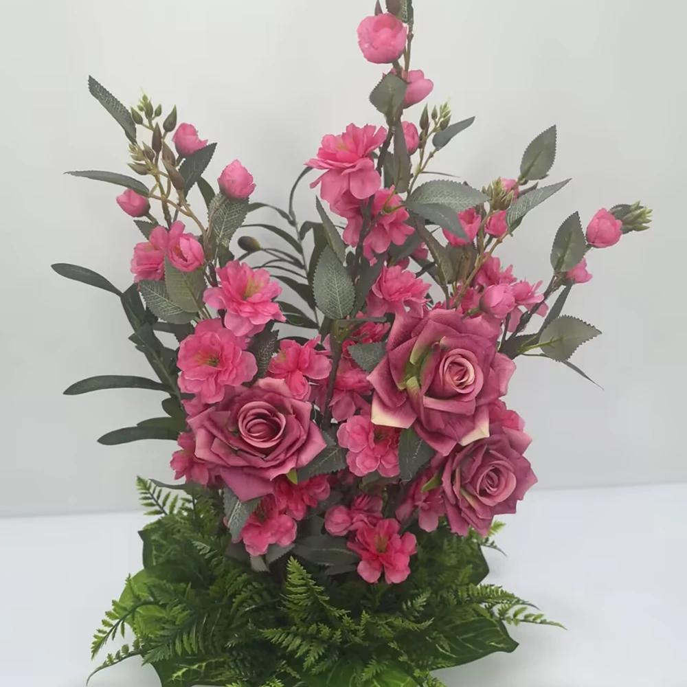 Home Decoration Artificial Flower Potted Roses Cherry Blossom Plants And Green Grass Mixed Placed Birthday Desktop Potted Plant