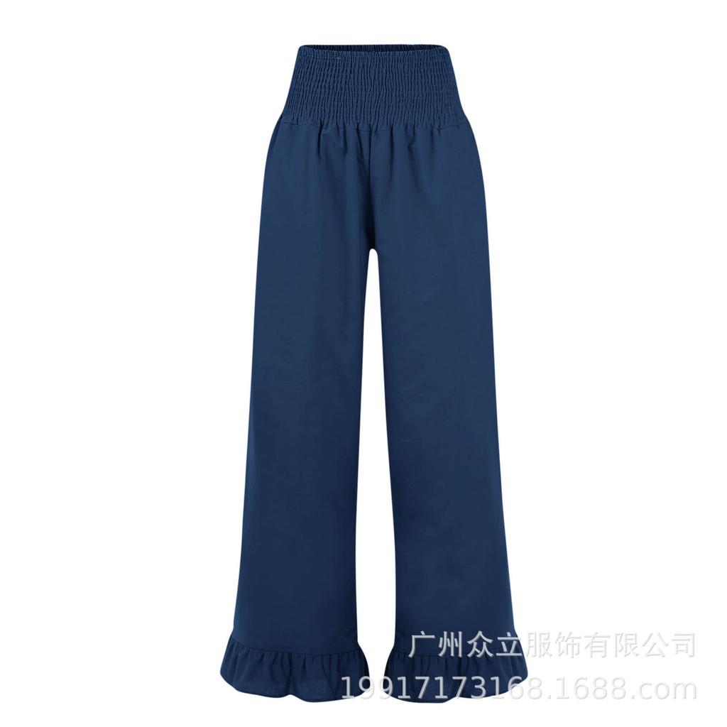 Pantaloni Casual da Donna in Misto Cotone e Lino, Vestibilità Larga con Orlo Arricciato, per le Vacanze Estive