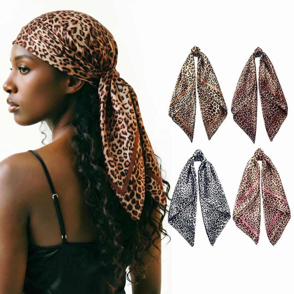 Leopard Print Faux Silk Scarf - 90cm Versatile Retro Headscarf for Women 90x90 cm
