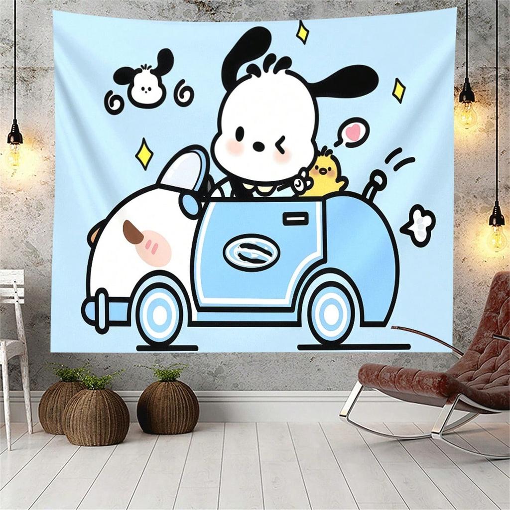 Pochacco Cartoon Car Tapestry Kawaii Sanrio Character Print Cute Blue Wall Hanging for Kids Bedroom  Dorm Room