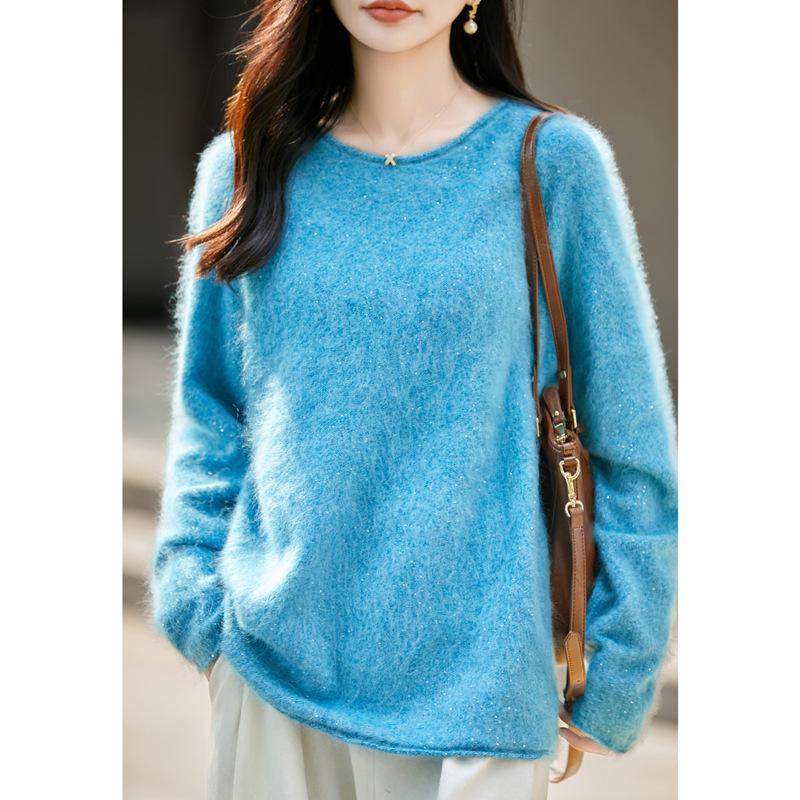 Women's Plus Size Korean Style Marled Yarn Cashmere Wool Sweater - Loose Fit, Brushed, Round Neck