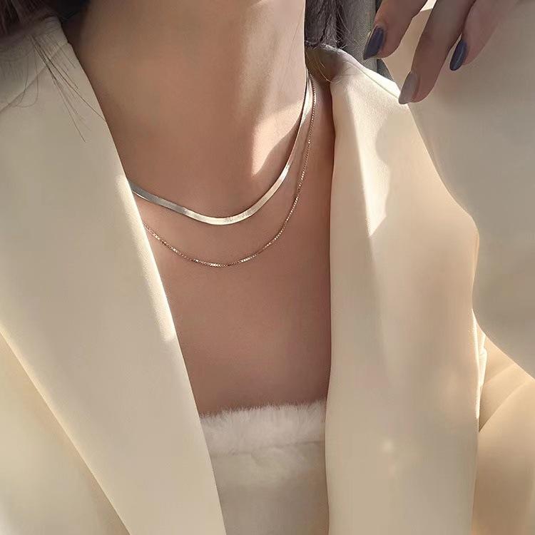 Double-layer Snake Bone Chain Necklace Women's Flat Sterling Silver Ins Hip-hop Personalized Retro Stacking Wear Simple Niche Short Neck Chain
