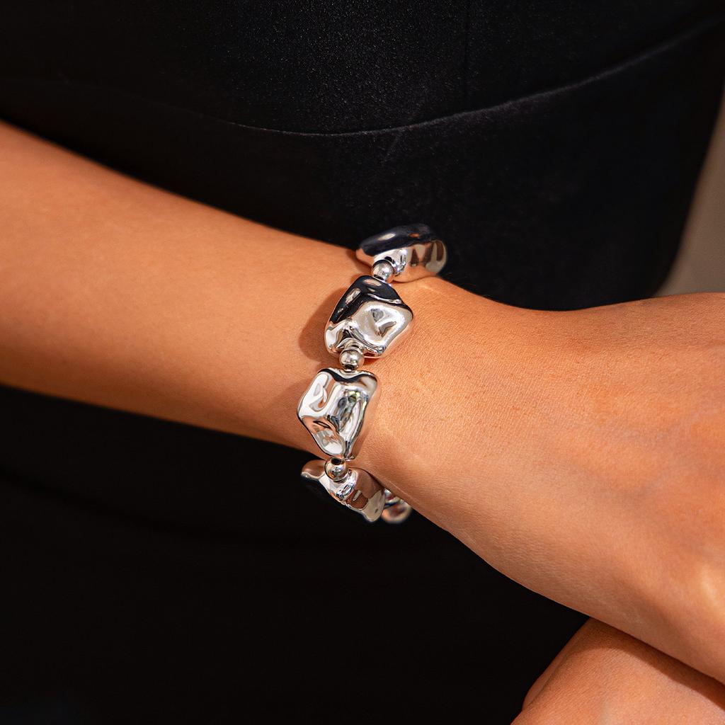 Exaggerated Smooth Geometric Alloy Wide Bracelet, Personalized Baroque Irregular Beaded Bracelet For Women