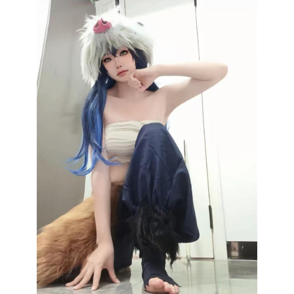 Anime Kimetsu No Yaiba Hashibira Inosuke Cosplay Kostüm Paket mit Hose, Kostüm, Demon Slayer Hose und Schürzenmasken