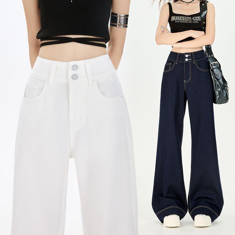 Spring Summer Wrinkle Resistant Four Way Stretch Non Cling Double Button Micro Flare Wide Leg Denim Pants Ladies Casual Pants Oversize Denim Trousers