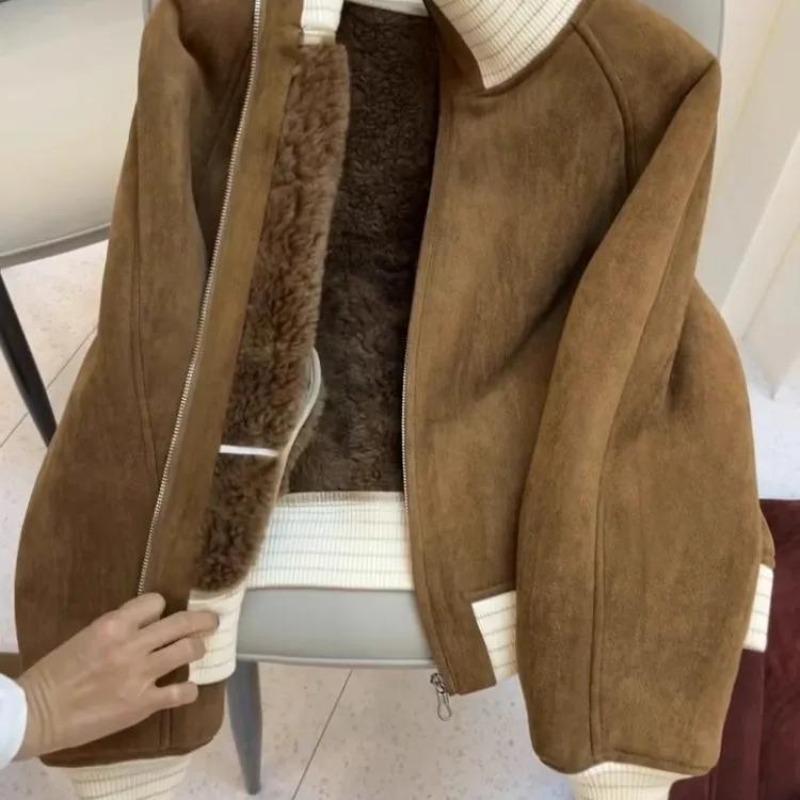 Coffee short coat women's loose and versatile thickened warm temperament jacket
