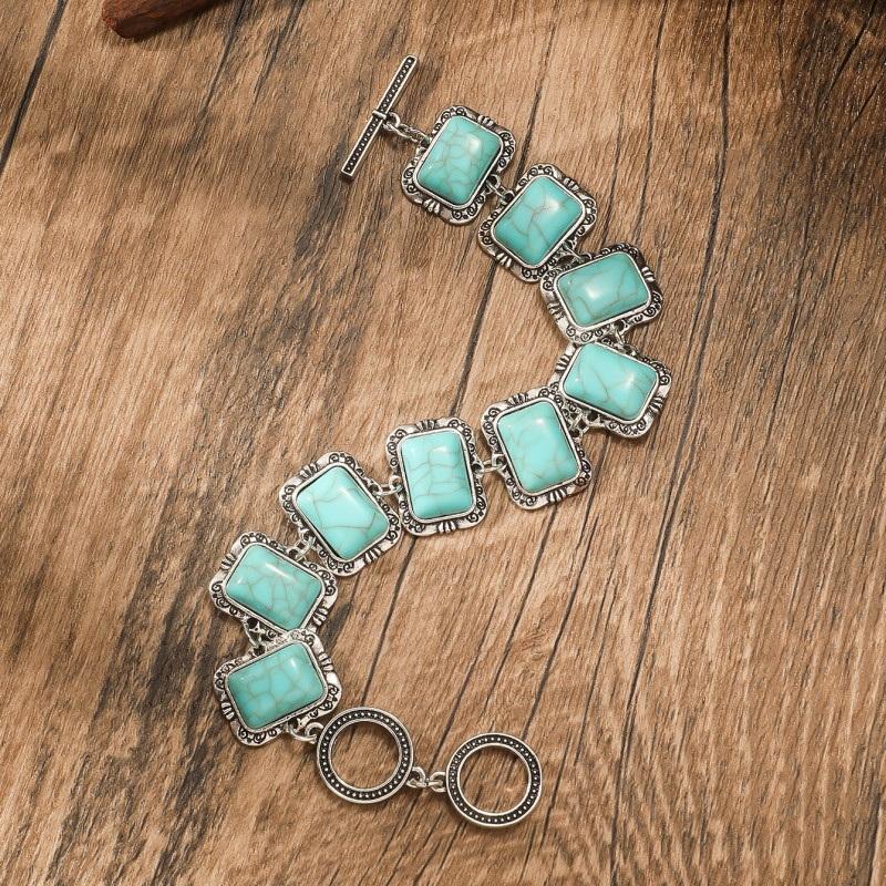 Retro Bohemian Ethnic Style Turquoise Personalized Geometric Carving Antique Silver Bracelet/Bangle For Women