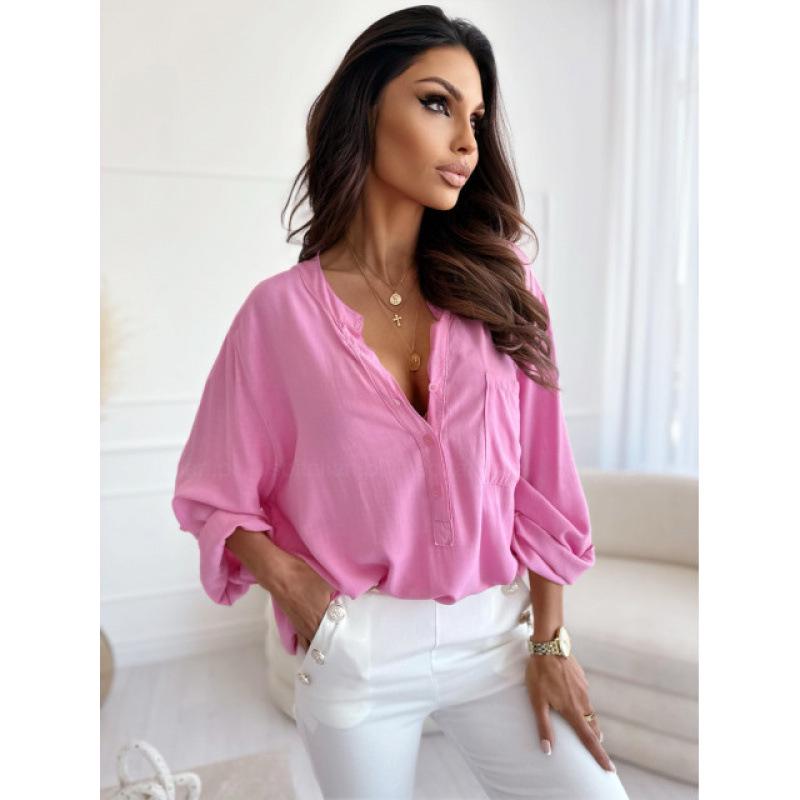 Women s Simple Loose Half-open Collar Single-breasted Long-sleeve Solid Color Shirt S розовый